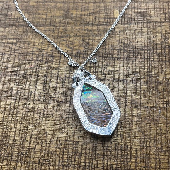 Vintage Iridescent Pendant Necklace/ Silver Chain and Yellow Gold Tone Pendant - Picture 5 of 7